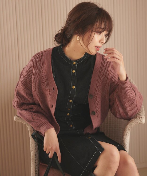 Feroux 【洗える】サイドケーブルバルキー カーディガン ピンク系