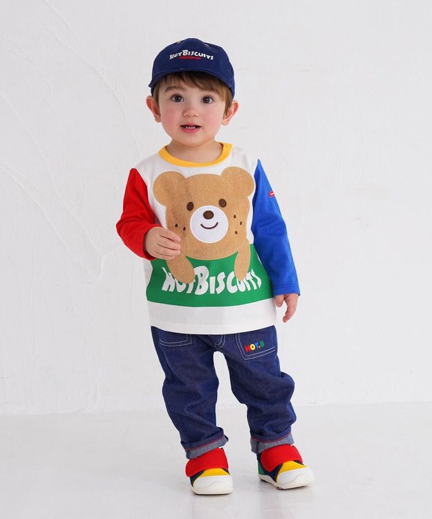 MIKI HOUSE HOT BISCUITS 【80-120cm】 ロゴ×キャラクター 長袖Tシャツ 白