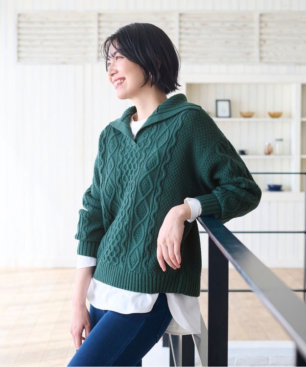 ANY 【洗濯機可】スキッパーソフトタッチアラン柄ニット グリーン