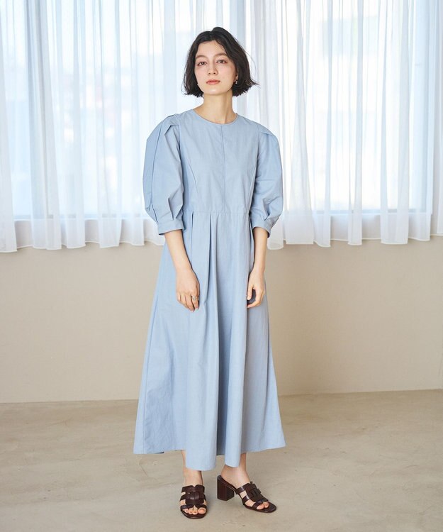 #Newans 【撥水加工/洗濯機可能】〈小柄さんにお勧め〉パフスリーブフレアワンピース ブルーグレー