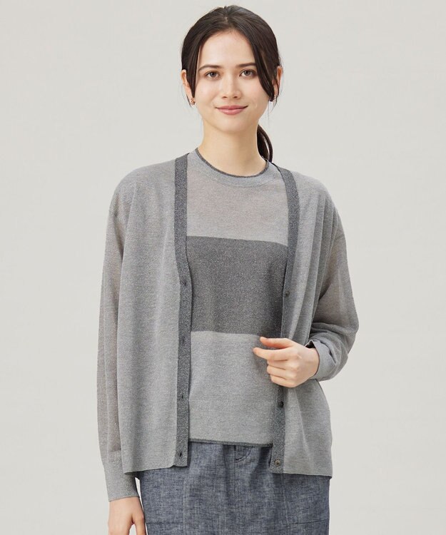 自由区 【アンサンブル対応・洗える】ラメシアー カーディガン シルバー×グレー