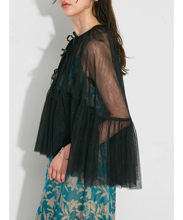 Green Parks リボンチュールデザインブラウス Black