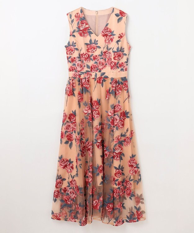 GRACE CONTINENTAL ローズ刺繍フレアドレス ベージュ