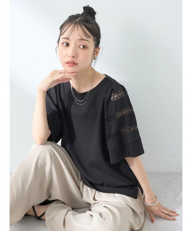 earth music&ecology フレア袖レースプルオーバー Black