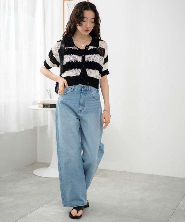 WEGO 襟付きメッシュニットショートカーデ ブラックボーダー