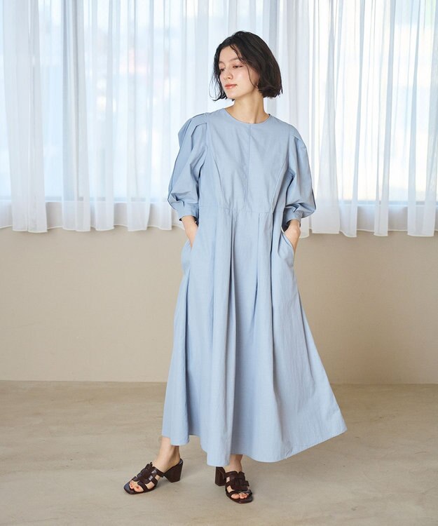 #Newans 【撥水加工/洗濯機可能】〈小柄さんにお勧め〉パフスリーブフレアワンピース ブルーグレー
