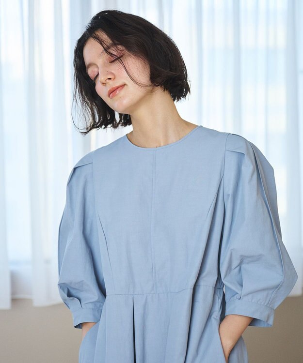 #Newans 【撥水加工/洗濯機可能】〈小柄さんにお勧め〉パフスリーブフレアワンピース ブルーグレー