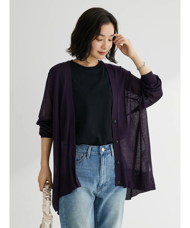 Green Parks 接触冷感シアーニットカーディガン Deep Purple