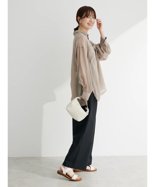 Green Parks 綿麻混タックストレートワイドパンツ Black