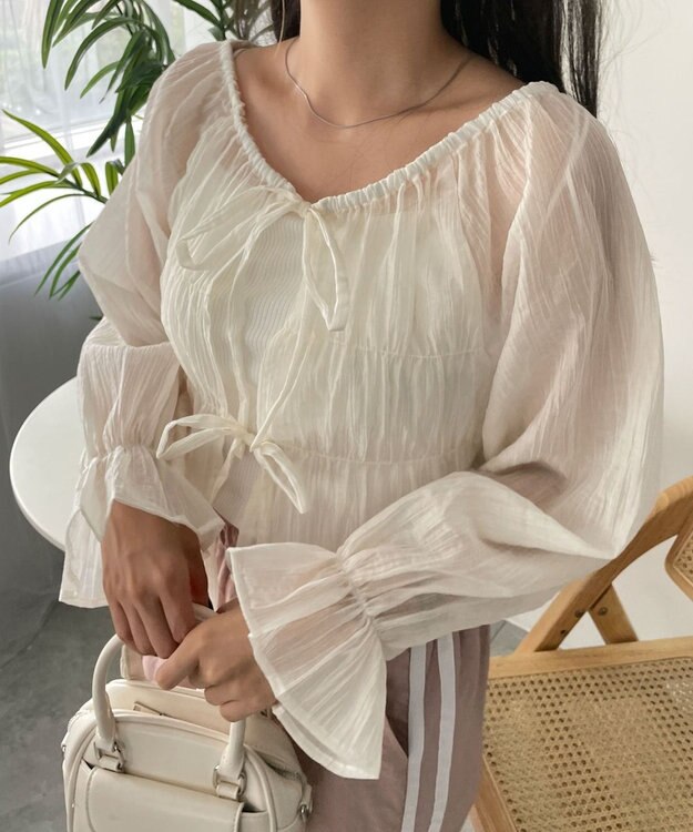 WEGO マルチWAY楊柳シアーシャーリングリボンブラウス ホワイト
