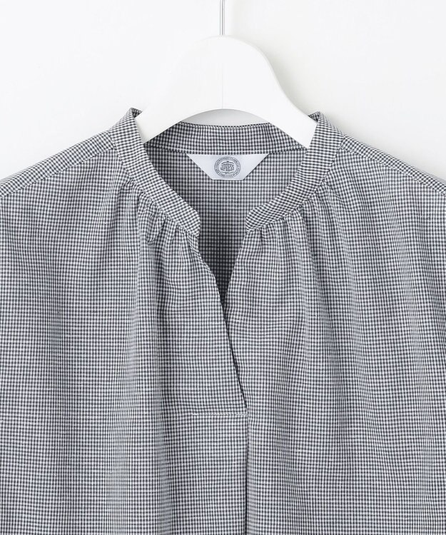 J.PRESS LADIES 【洗える】リネンminiチェック バンドカラー プルオーバー ブラウス ネイビー系