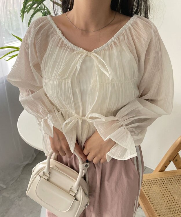 WEGO マルチWAY楊柳シアーシャーリングリボンブラウス ホワイト