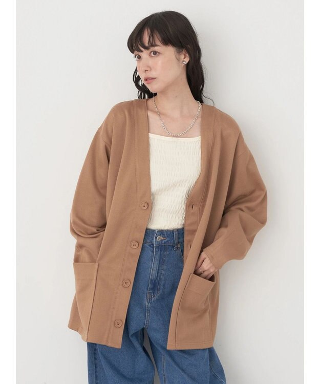 earth music&ecology ヘリンボーン調Ｖネックカーディガン Camel