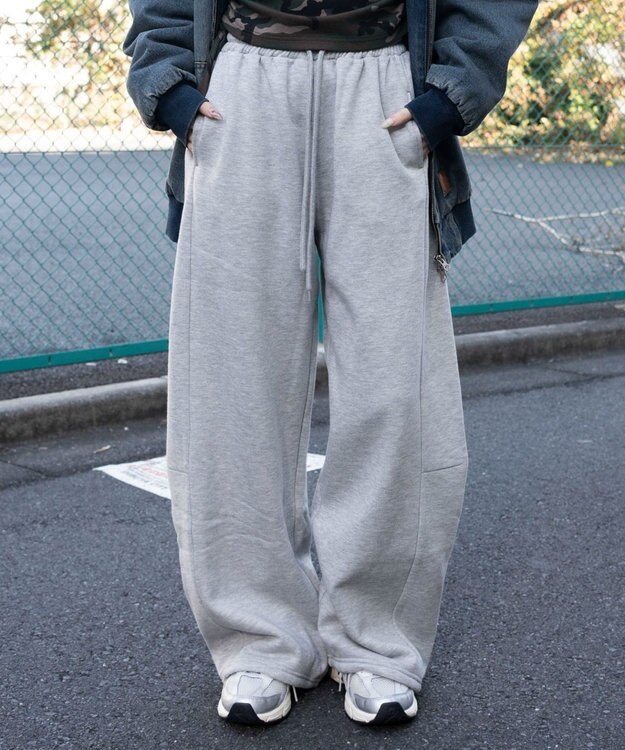 WEGO 【ウエストゴム/SMサイズ展開】裏起毛カーブデザインスウェットパンツ 杢グレー