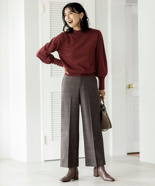 ANY 【洗濯機可/吸湿発熱】パフスリーブパールニット ボルドー