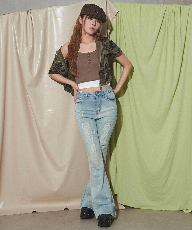 WEGO 【美脚】ダメージフレアデニム デニム淡色