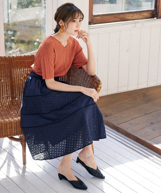 Tiaclasse 【洗える】プリーツ編みVネックニットトップス オレンジ