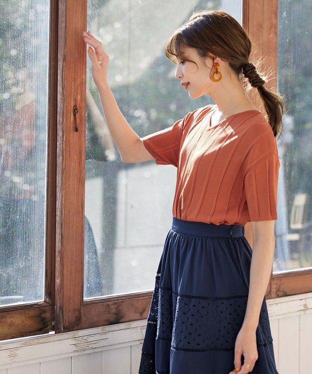 Tiaclasse 【洗える】プリーツ編みVネックニットトップス オレンジ