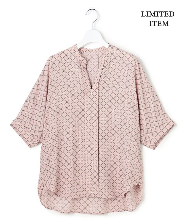 ICB L 【先行予約・WEB限定】BackSatinAmunzen 5分袖キーネックブラウス ヘイズピンク×スクエアビット柄