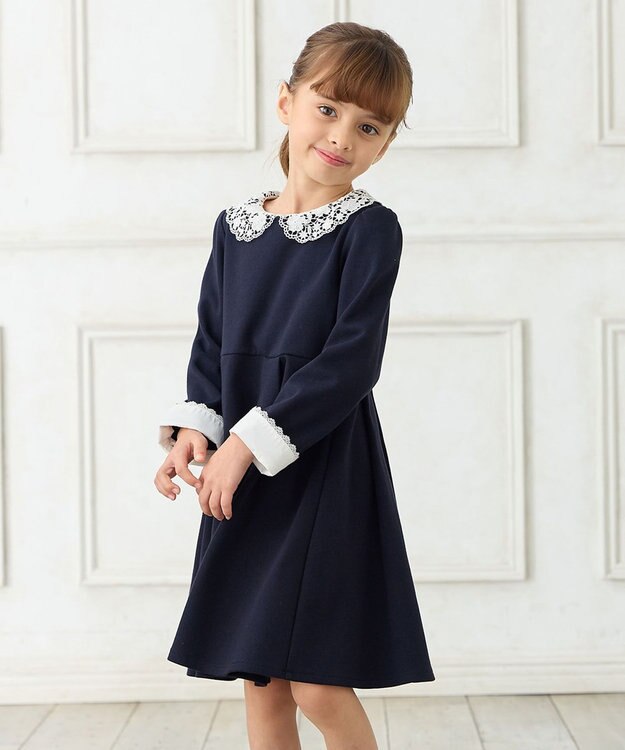 ANY KIDS レース襟付き長袖ワンピース ネイビー