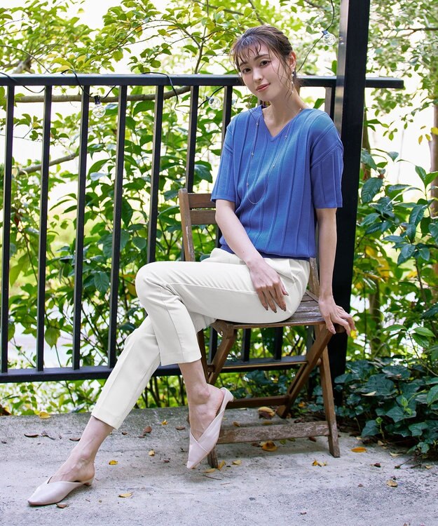 Tiaclasse 【洗える】プリーツ編みVネックニットトップス ブルー