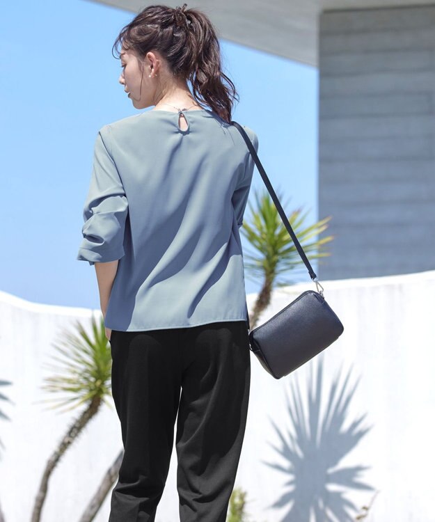 Tiaclasse 【洗える】ねじりリボン袖ブラウス ブルー