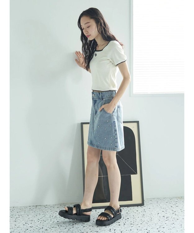 earth music&ecology ビジューデニムミニスカート Light Indigo