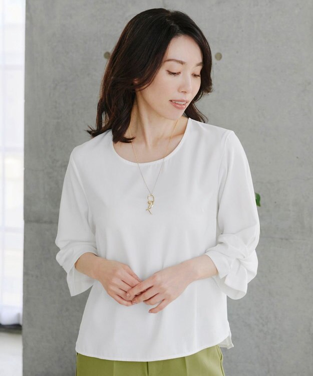 Tiaclasse 【洗える】ねじりリボン袖ブラウス オフホワイト