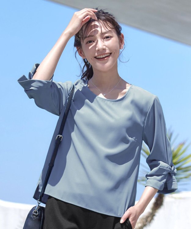 Tiaclasse 【洗える】ねじりリボン袖ブラウス ブルー