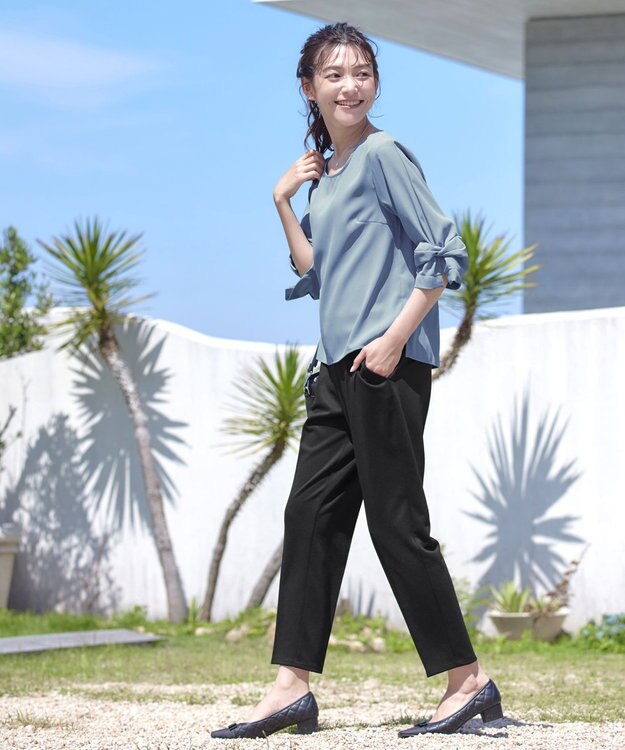 Tiaclasse 【洗える】ねじりリボン袖ブラウス ブルー