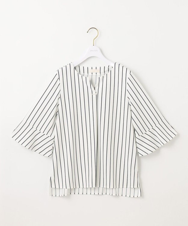 ANY SIS 【接触冷感・吸水速乾・UVケア】エアリードレープスムース 七分袖 ブラウス オフストライプ