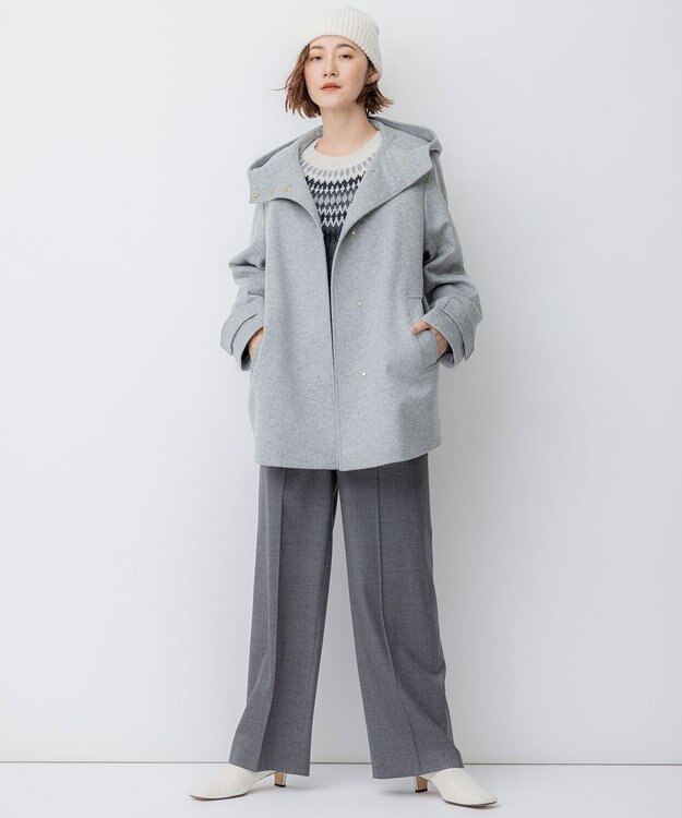23区 L ウールカシミヤビーバー フード付き ショートコート ライトグレー系