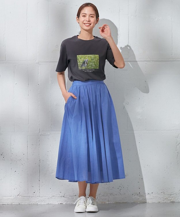 ANY 【ウエストゴム/ポケット付】シャンブレーライク フレアスカート ブルー