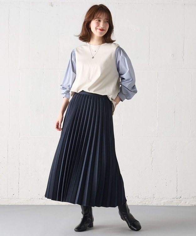 ANY L 【洗濯機可】着映えるシャーリングトップス オフ×ストライプ