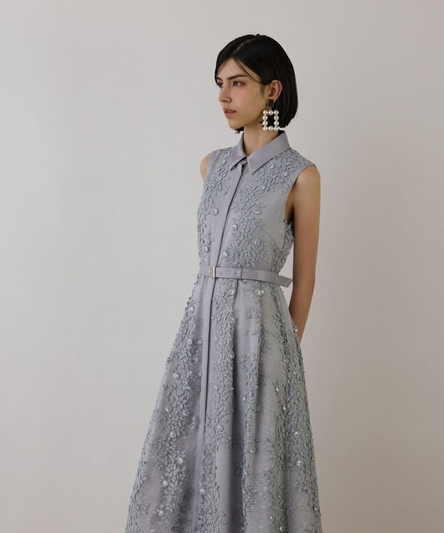 GRACE CONTINENTAL フラワーライン刺繍ワンピース グレー