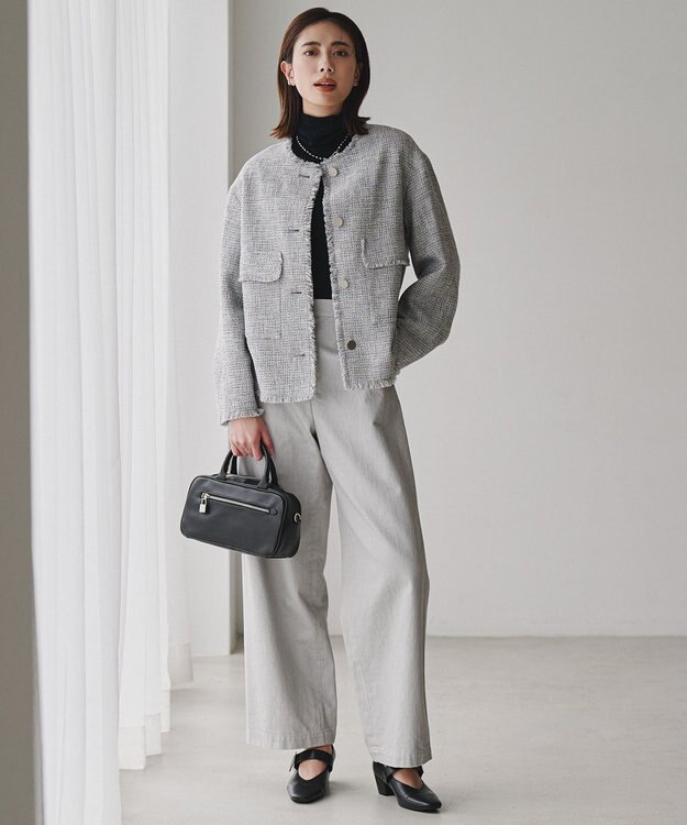 ICB ライトブッチャーツイード ノーカラージャケット ライトグレーミックス