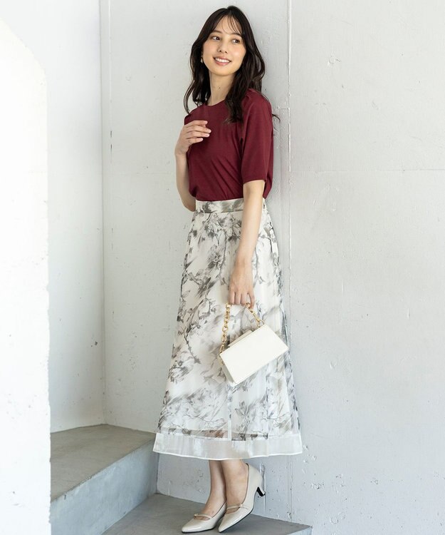 ANY SIS 【WEB・一部店舗限定】ハッチングフラワープリント スカート アイボリー系