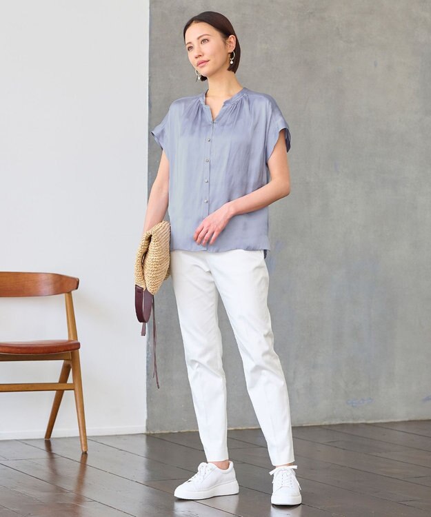 自由区 【XSサイズあり/洗える】ビンテージサテン ブラウス ダルブルー系