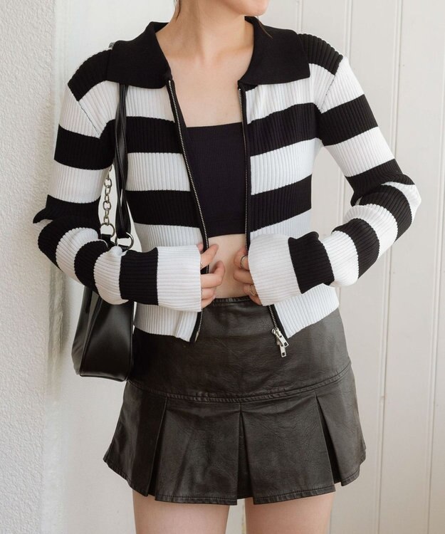 WEGO Wジップコンパクトニットカーデ ブラックボーダー