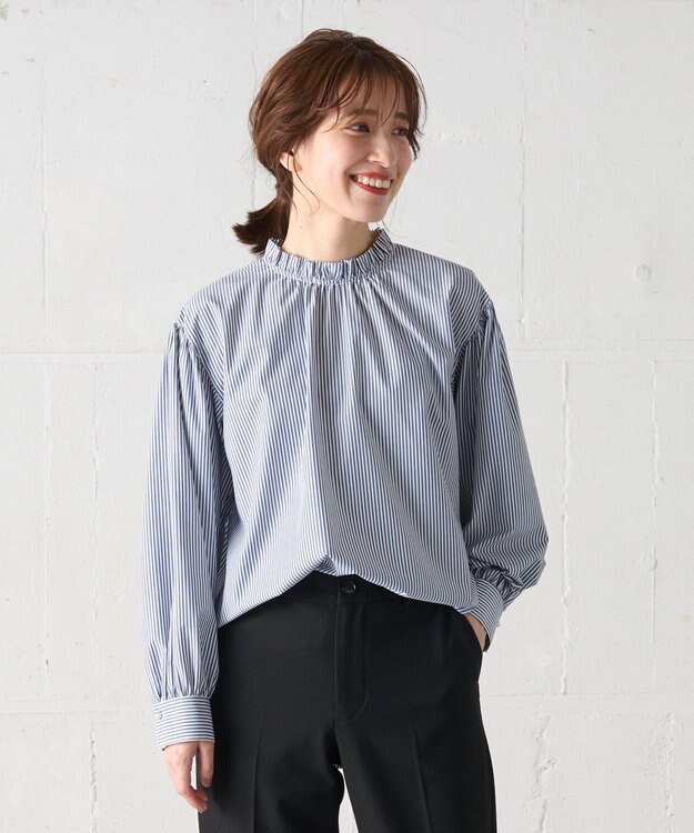 ANY 【UVカット/抗菌防臭/速乾】エニィファンクション　フリルモックブラウス ブルーストライプ