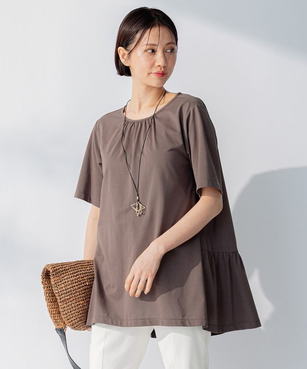 自由区 【WEB限定・洗える・XSサイズあり】ディフォームピケチュニック丈 カットソー ブラウン系