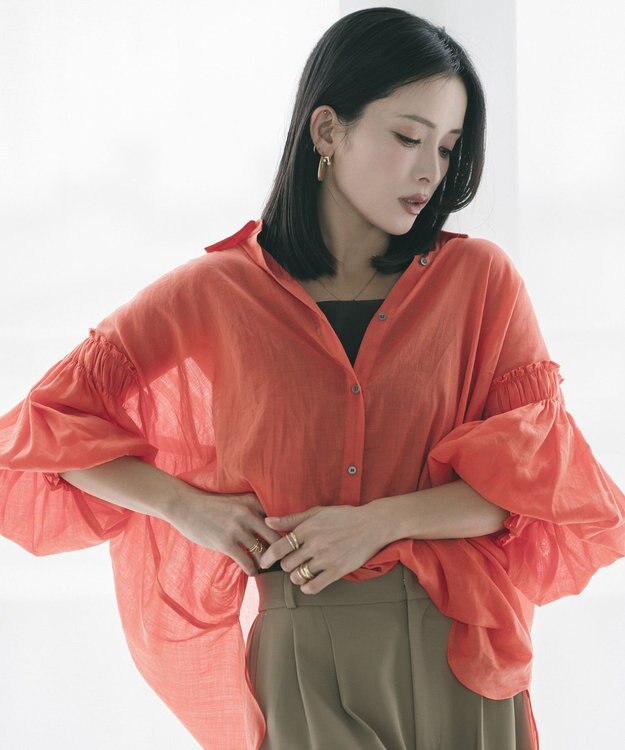 YECCA VECCA 綿麻シアーボリュームギャザーシャツ Orange