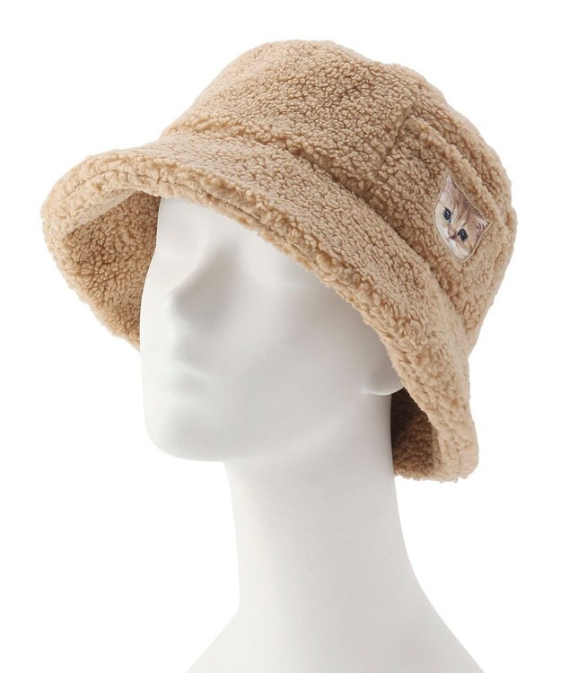 MOONBAT PAUL & JOE ACCESSOIRES 【サイズ調整可】バケットハット ボア ねこ刺繍ワッペン ヌネットモチーフ ベージュ