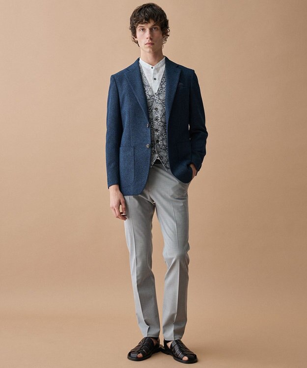 JOSEPH ABBOUD 【キングサイズ・リネンブレンド】コットンリネン ボイルコード 七分袖 バンドカラー シャツ ホワイト系1