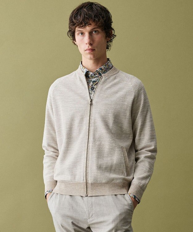 JOSEPH ABBOUD 【イタリア糸×エコ素材・通気性・軽量】スラブギマ×和紙 ニット ブルゾン ベージュ系