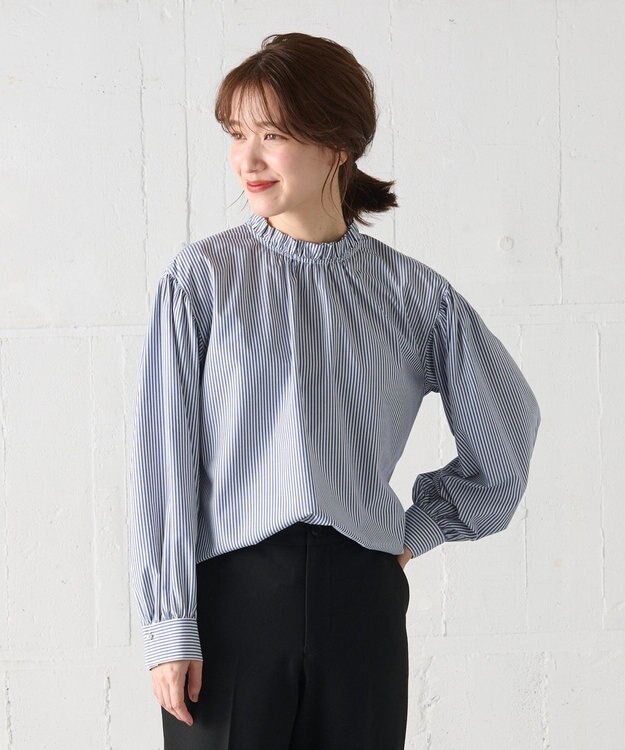 ANY L 【UVカット/抗菌防臭/速乾】エニィファンクション　フリルモックブラウス ブルーストライプ