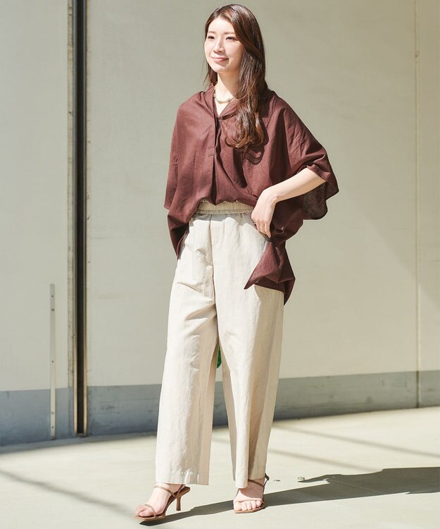 UNFILO 【洗える】リネンミックスツイル ワイドパンツ ベージュ