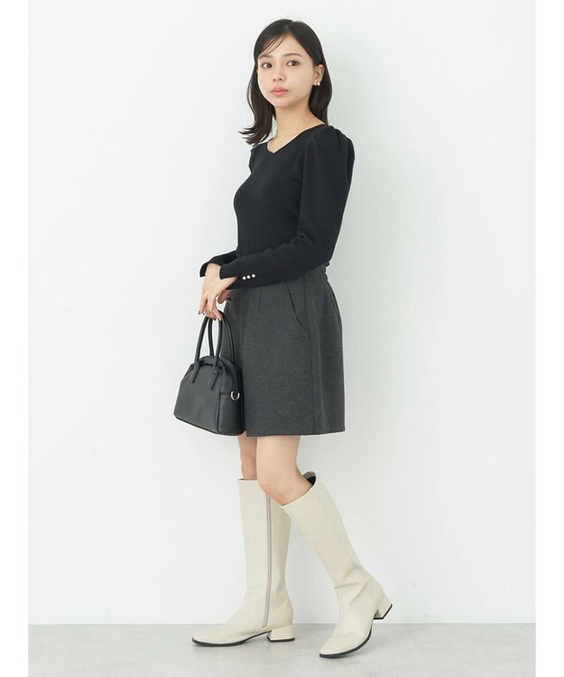 earth music&ecology ハートネック袖パールニットプルオーバー Black