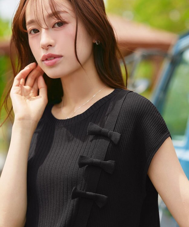 Tiaclasse 【洗える】ナナメ切替リボンニットトップス ブラック