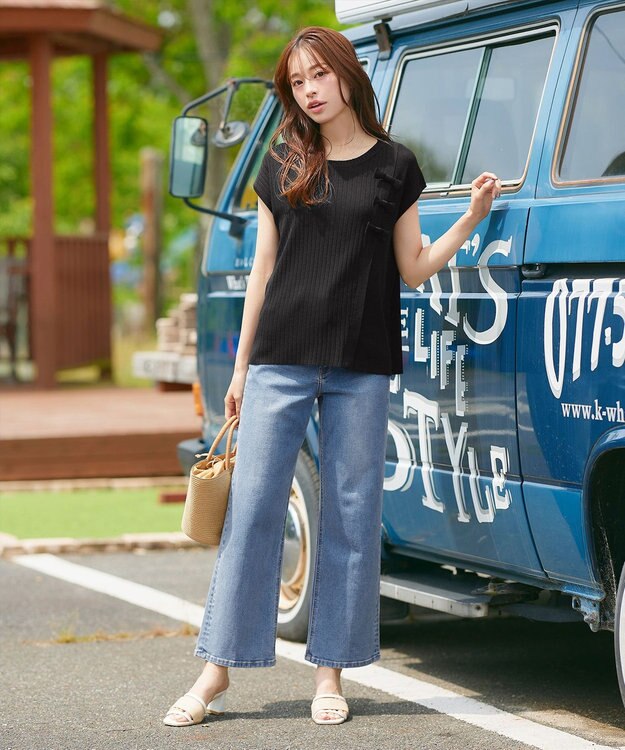 Tiaclasse 【洗える】ナナメ切替リボンニットトップス ブラック